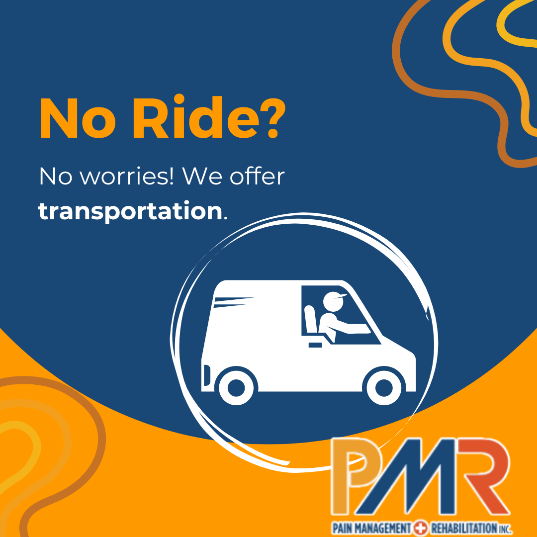 Graphic showing text that says "No Ride? No Worries. We offer transportation.", along with an image of a van with driver toward the center of the graphic. PMR logo is shown on the bottom right.